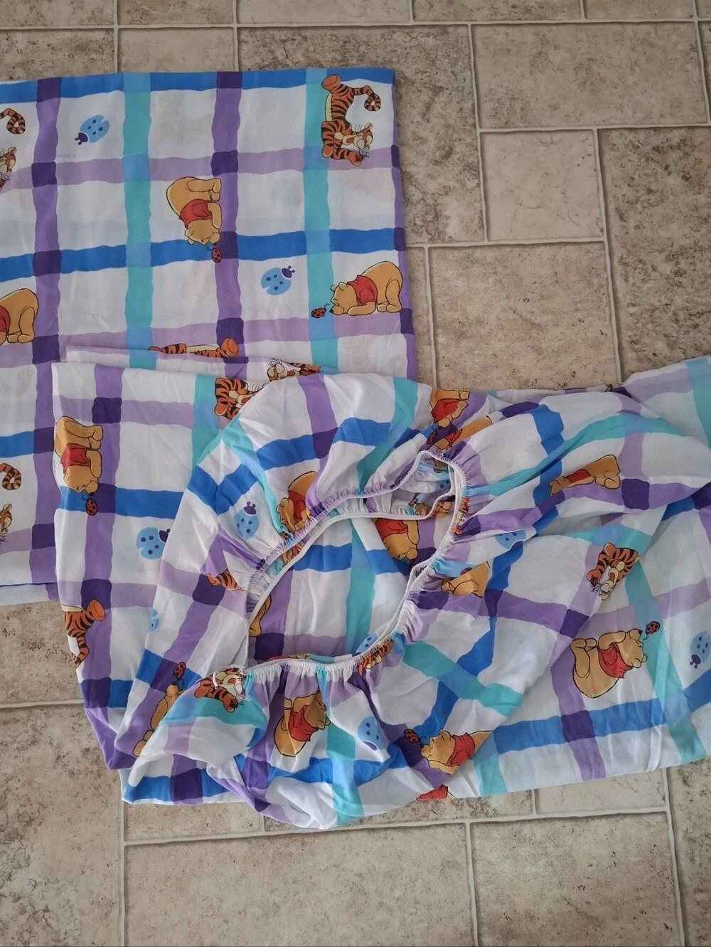 Vtg Disney Pooh & Tigger Top & Fitted Sheets Full Size Cotton Blend Made In USA